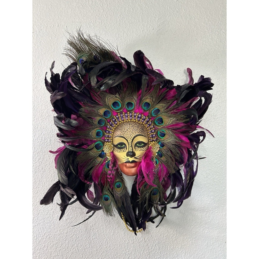 Mardi GrasMask Made Shop Pink, Black With‎ Peacock Feathers Beads Porcelain Face